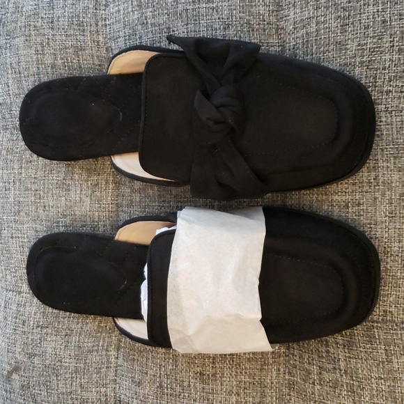 Coutgo Black Bow Knot Square Closed Toe Quilted Faux Suede Flat Mules Size 5.5 - Picture 5 of 9